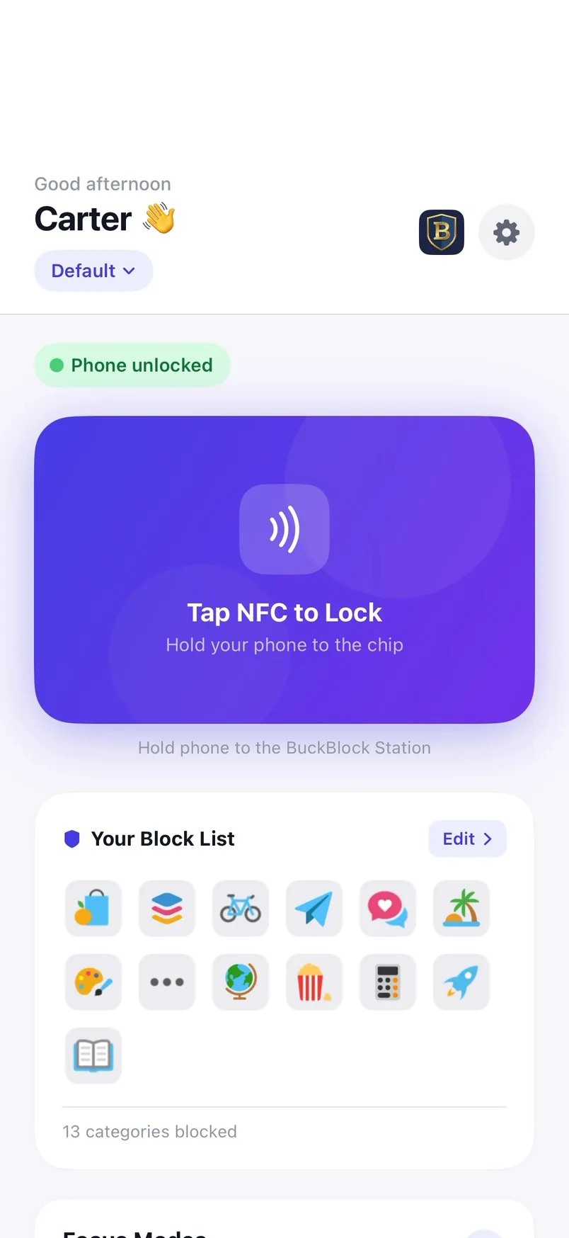 BuckBlock home screen